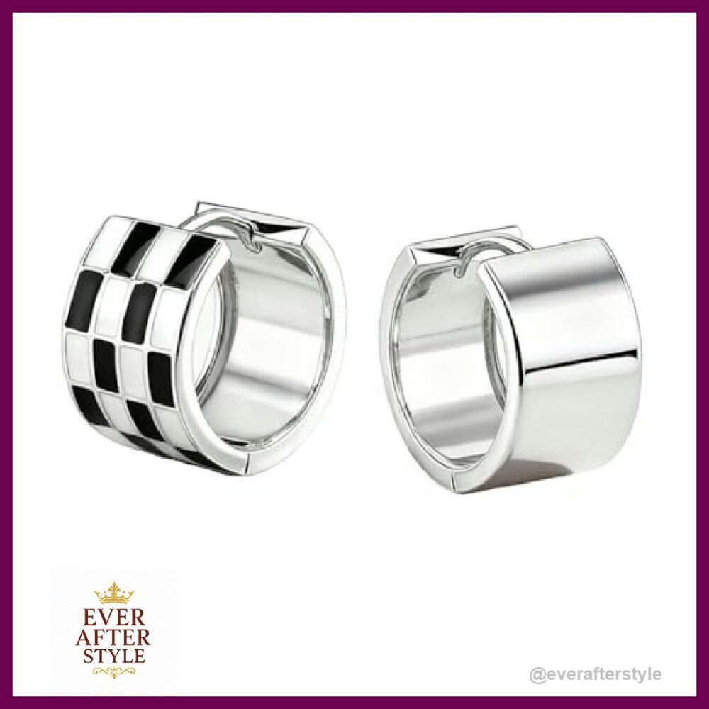 Sterling Silver Checkered Huggie Hoop Earrings Hypoallergenic Reversible Chunky - Picture 2 of 8